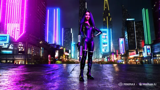 Cyberpunk Fashion: A Woman's Powerful Presence in Futuristic City – AI Generated Video | Hailuo AI