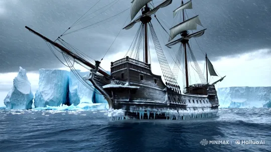 Old Frigate Bravely Sails Through Stormy Ice Sea – AI Generated Video | Hailuo AI
