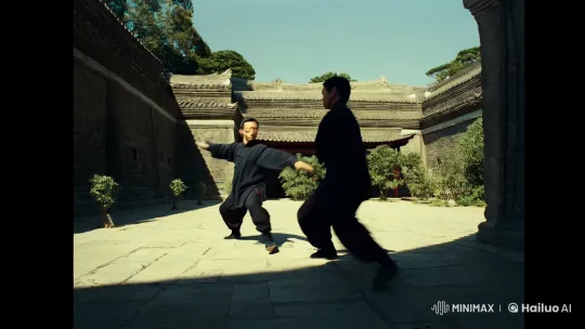 High Aesthetic Kung-Fu Sequence in Sunlit Courtyard – AI Generated Video | Hailuo AI