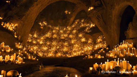 Mystical Cave with Candles, Skulls, and Gentle Stream – AI Generated Video | Hailuo AI