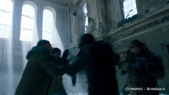 Masked Man Fights in Snowy, Abandoned Building – AI Generated Video | Hailuo AI