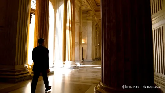 Grand Hall Tracking Shot with Elegant Strider – AI Generated Video | Hailuo AI