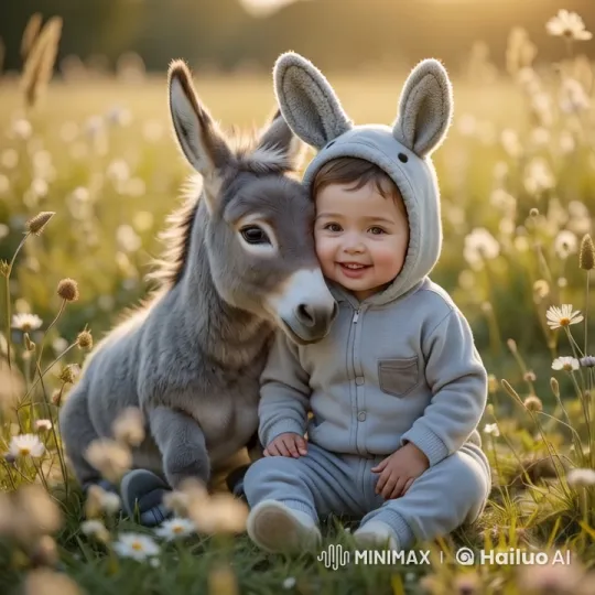 Child and Baby Donkey Bond in Meadow's Golden Glow – AI Generated Video | Hailuo AI