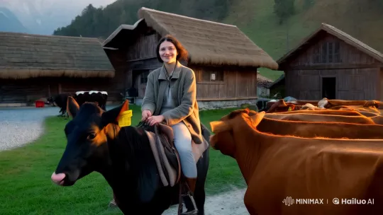 Young Woman Herds Cows Through Rustic Village in Golden Light – AI Generated Video | Hailuo AI