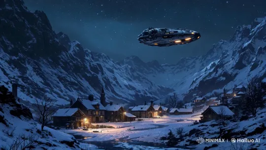 Futuristic Spaceship Lands in Peaceful Snowy Village – AI Generated Video | Hailuo AI