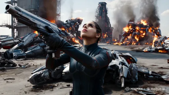 High Aesthetic Film: Bounty Hunter in Futuristic Factory Confrontation – AI Generated Video | Hailuo AI