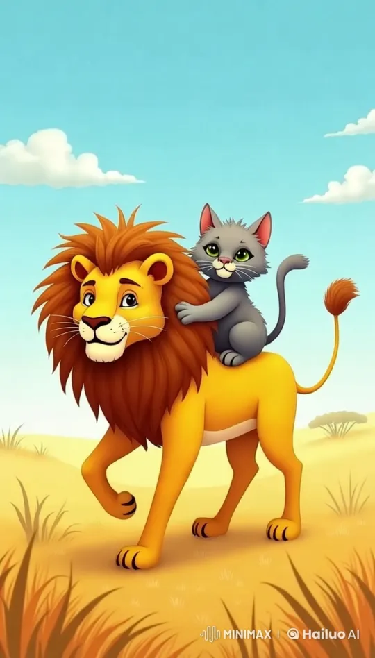 Lion Strolls with Kitten on Its Back in Savanna – AI Generated Video | Hailuo AI