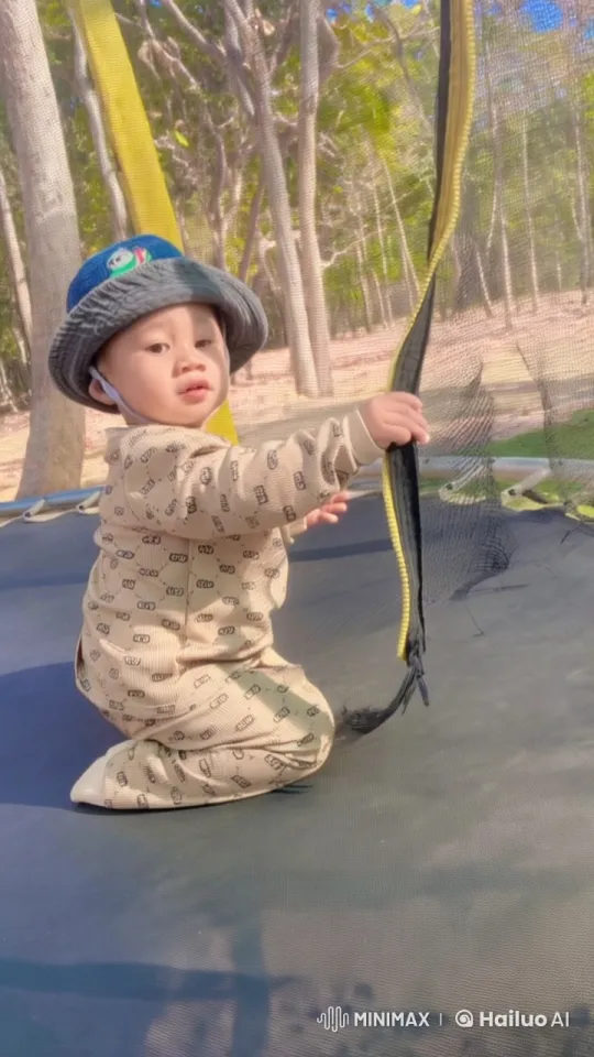 Child Practicing Martial Arts on Trampoline in Animated Forest – AI Generated Video | Hailuo AI