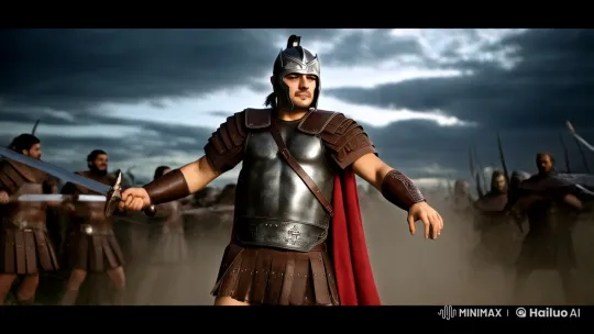 Spartan Warrior in Ancient Battle: Resolute Charge Amidst Chaos – AI Generated Video | Hailuo AI