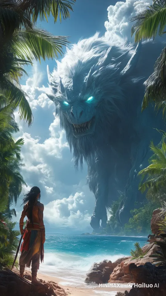 Warrior Faces Colossal Beast in Serene Standoff – AI Generated Video | Hailuo AI
