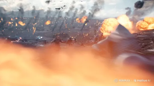 Female Knight Charges Toward Dragon Amidst Chaotic Battlefield – AI Generated Video | Hailuo AI
