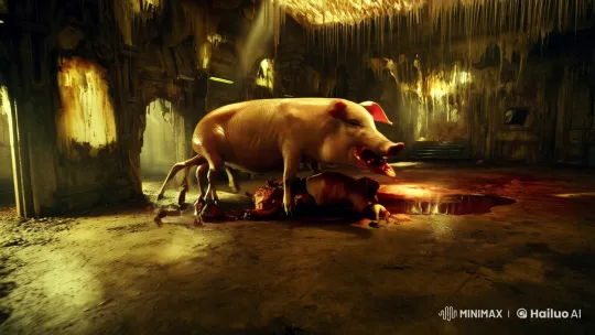Grotesque Feast: A Surreal Pig Devours a Corpse – AI Generated Video | Hailuo AI