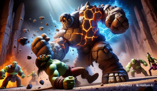 Golem vs. Warrior: Animated Confrontation with Threatening Aura – AI Generated Video | Hailuo AI
