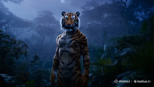Mystical Tiger-Human Creature in Twilight Jungle Setting – AI Generated Video | Hailuo AI