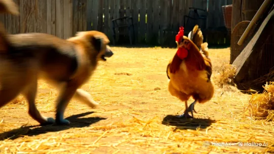 Chasing Shadows: Chicken Pursues Dog on Rustic Farm – AI Generated Video | Hailuo AI