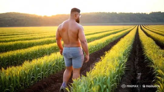 Athletic Man Strides Through Sunlit Farm in Cinematic 4K – AI Generated Video | Hailuo AI