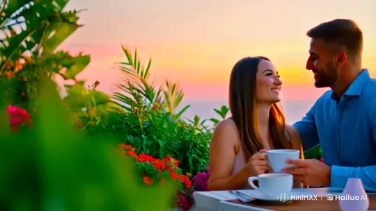 Couple's Romantic Morning on a Lush Balcony – AI Generated Video | Hailuo AI