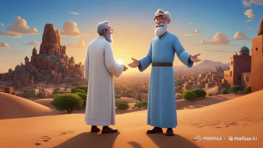 Elderly Men Overlooking Ancient City at Desert Sunset – AI Generated Video | Hailuo AI