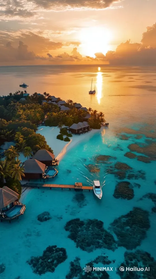 Maldives Luxury Resort Sunset Aerial Panorama – AI Generated Video | Hailuo AI