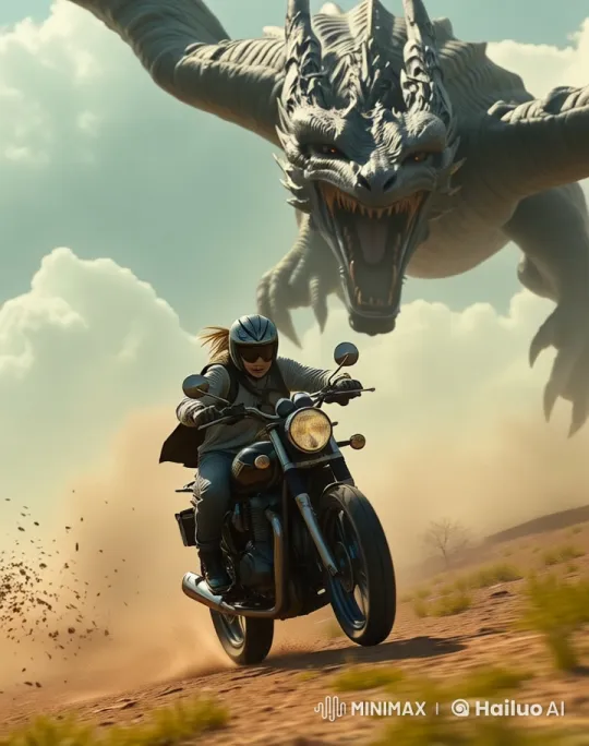 Dangerous Chase: Girl Escapes Dragon on Motorcycle – AI Generated Video | Hailuo AI