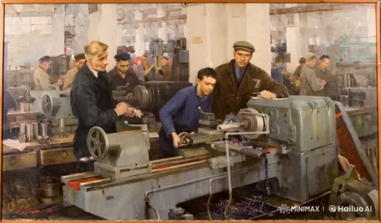 Blue Shirt Man Operates Lathe with Master's Guidance – AI Generated Video | Hailuo AI