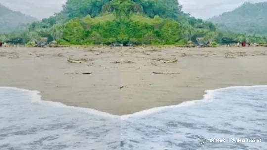 Tranquil Beachfront Landscape with Gentle Waves and Hills – AI Generated Video | Hailuo AI