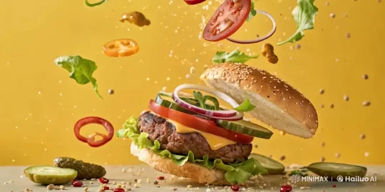 Explosive Burger: Dynamic High-Speed Food Photography – AI Generated Video | Hailuo AI