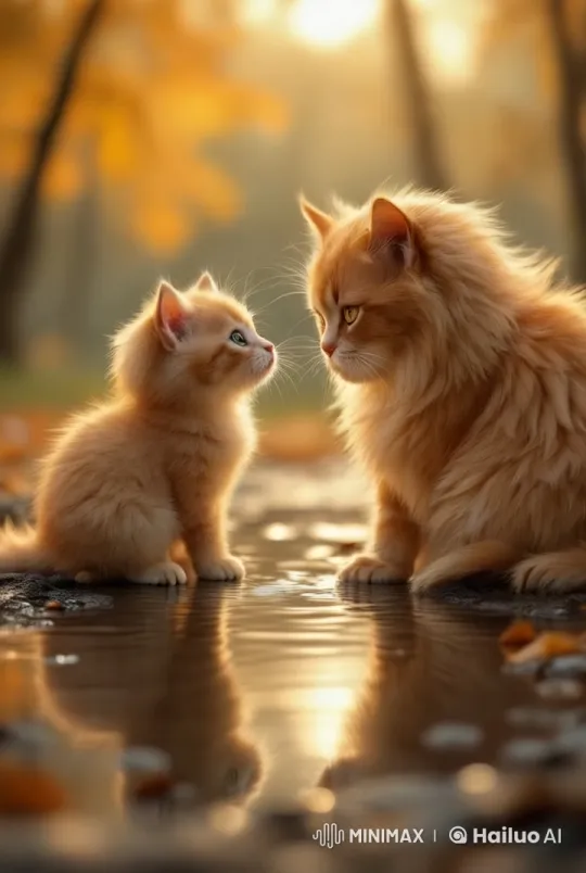 Fluffy Kitten Surprised by Loving Mother Cat – AI Generated Video | Hailuo AI