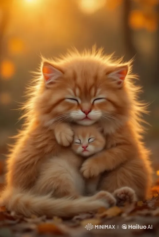 Fluffy Kitten and Mother Embrace in Golden Sunset – AI Generated Video | Hailuo AI