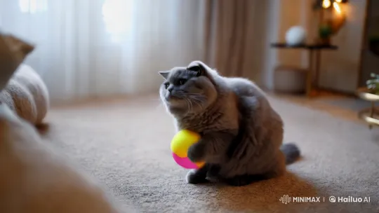 Scottish Fold Cat Plays with Ball in Artistic Slow Motion – AI Generated Video | Hailuo AI