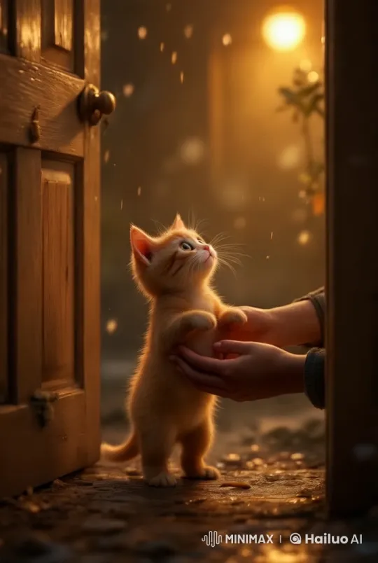 Kind Human Rescues Wet Kitten in Golden Light – AI Generated Video | Hailuo AI