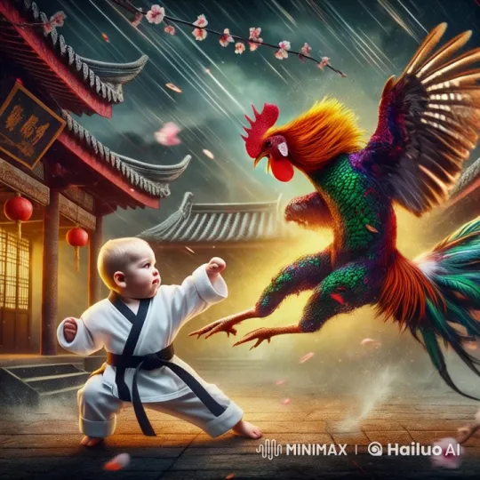 Ancient Chinese Courtyard Showdown: Child vs. Rooster – AI Generated Video | Hailuo AI