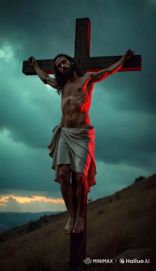 Crucifixion Scene with Stormy Sky and Dynamic Light – AI Generated Video | Hailuo AI