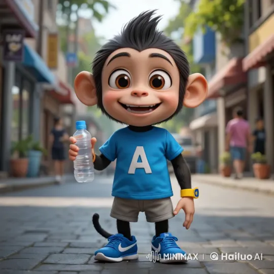 Cartoon Character Recycles Bottle, Walks, and Jumps on Cobblestone Street – AI Generated Video | Hailuo AI