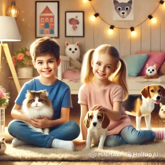 Cozy Living Room with Happy Children and Pets – AI Generated Video | Hailuo AI