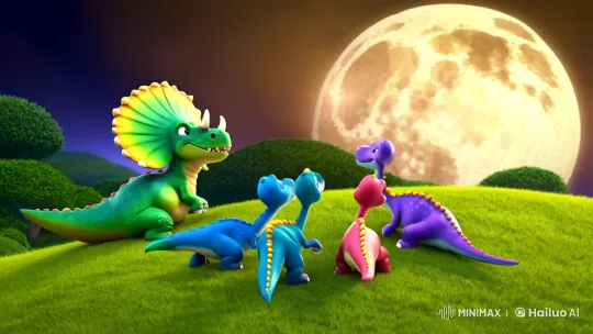 Baby Dinosaurs Gaze at Moonlit Night Sky – AI Generated Video | Hailuo AI