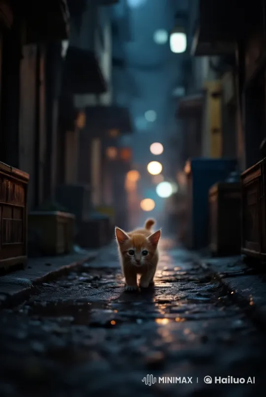 Vulnerable Kitten Navigates Eerie Nighttime Alley – AI Generated Video | Hailuo AI