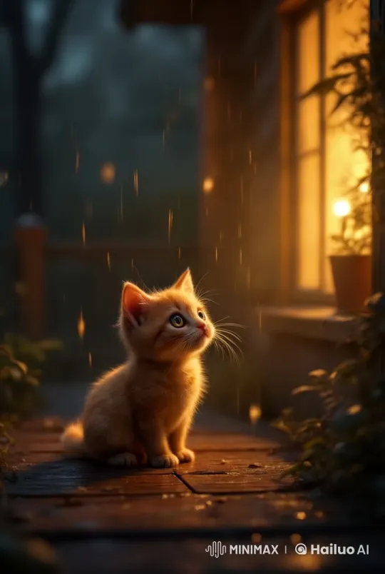 Curious Kitten Approaches Warm House in Rainy Evening – AI Generated Video | Hailuo AI