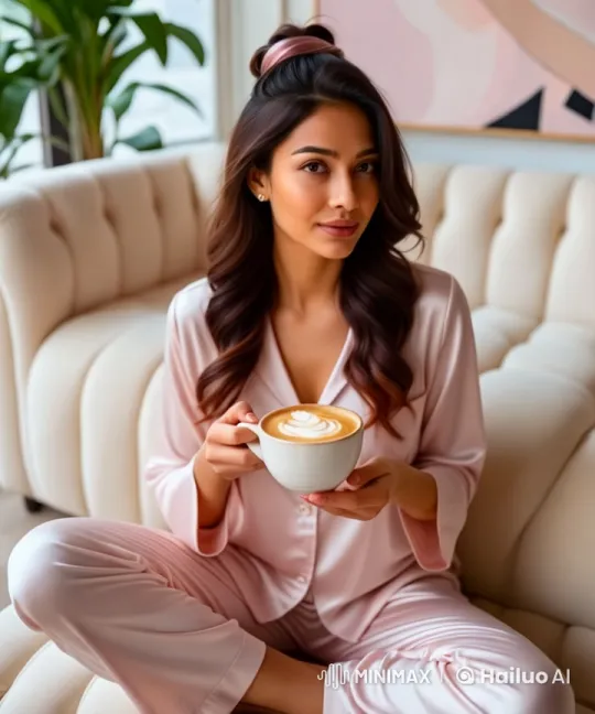 Cozy Living Room Moment with Girl Enjoying Latte – AI Generated Video | Hailuo AI