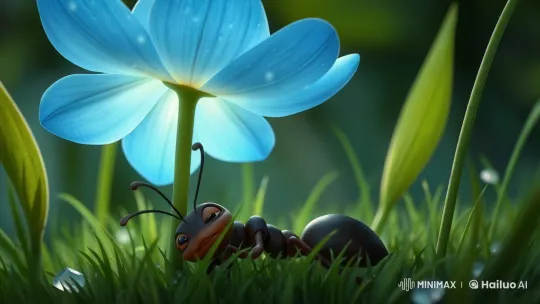 Peaceful Ant Resting Under Glowing Blue Flower – AI Generated Video | Hailuo AI