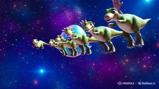 Baby Dinosaurs Frolic in Cosmic Ballet with Spaceship Chase – AI Generated Video | Hailuo AI