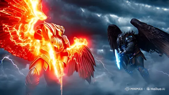Heavenly Clash: Two Giant Warriors Battle in the Sky – AI Generated Video | Hailuo AI