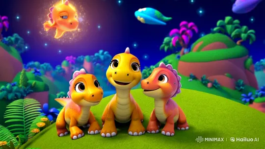 Magical Prehistoric Nightfall with Baby Dinosaurs – AI Generated Video | Hailuo AI