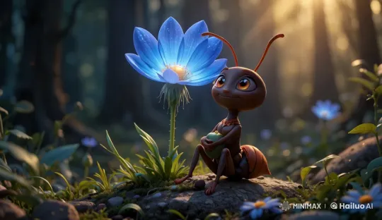 Animated Ant Admires Blue Flower in Peaceful Forest – AI Generated Video | Hailuo AI