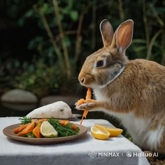 Rabbit Enjoying Meal Outdoors in Animated Video – AI Generated Video | Hailuo AI