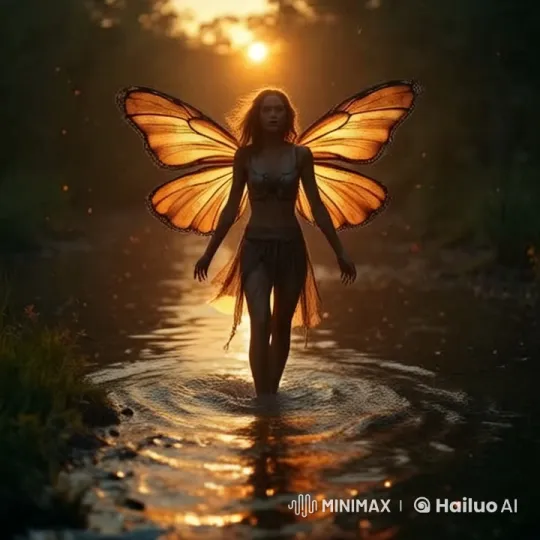 Enchanted Walk: Butterfly-winged Woman in Golden Forest Stream – AI Generated Video | Hailuo AI