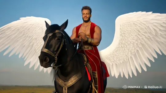 Muscular Athlete Rides Unicorn Toward Sky in Royal Attire – AI Generated Video | Hailuo AI