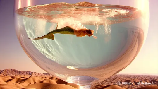 Mermaid Glides in Giant Glass Water Sphere Amid Desert – AI Generated Video | Hailuo AI