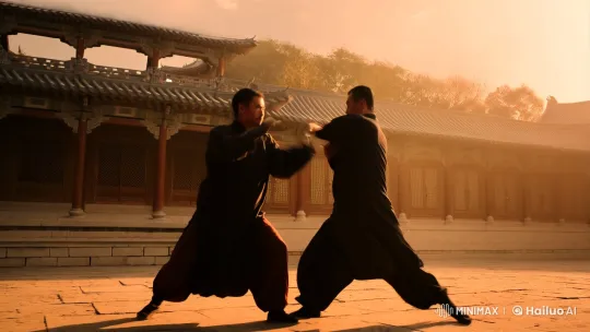 Ancient Courtyard Kung Fu Fight in Golden Light – AI Generated Video | Hailuo AI