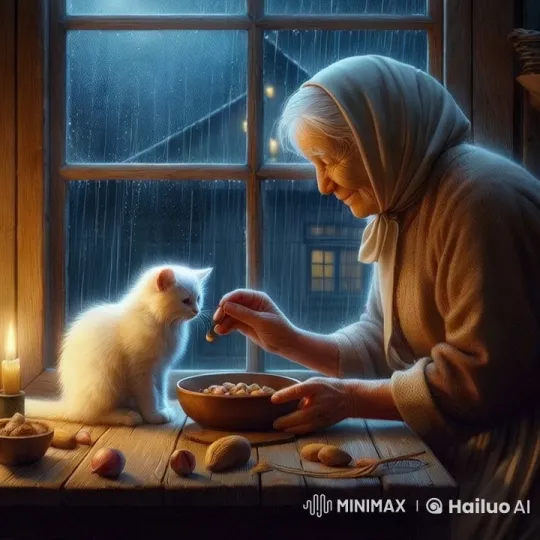 Elderly Woman Feeds Kitten by Candlelight on Rainy Evening – AI Generated Video | Hailuo AI